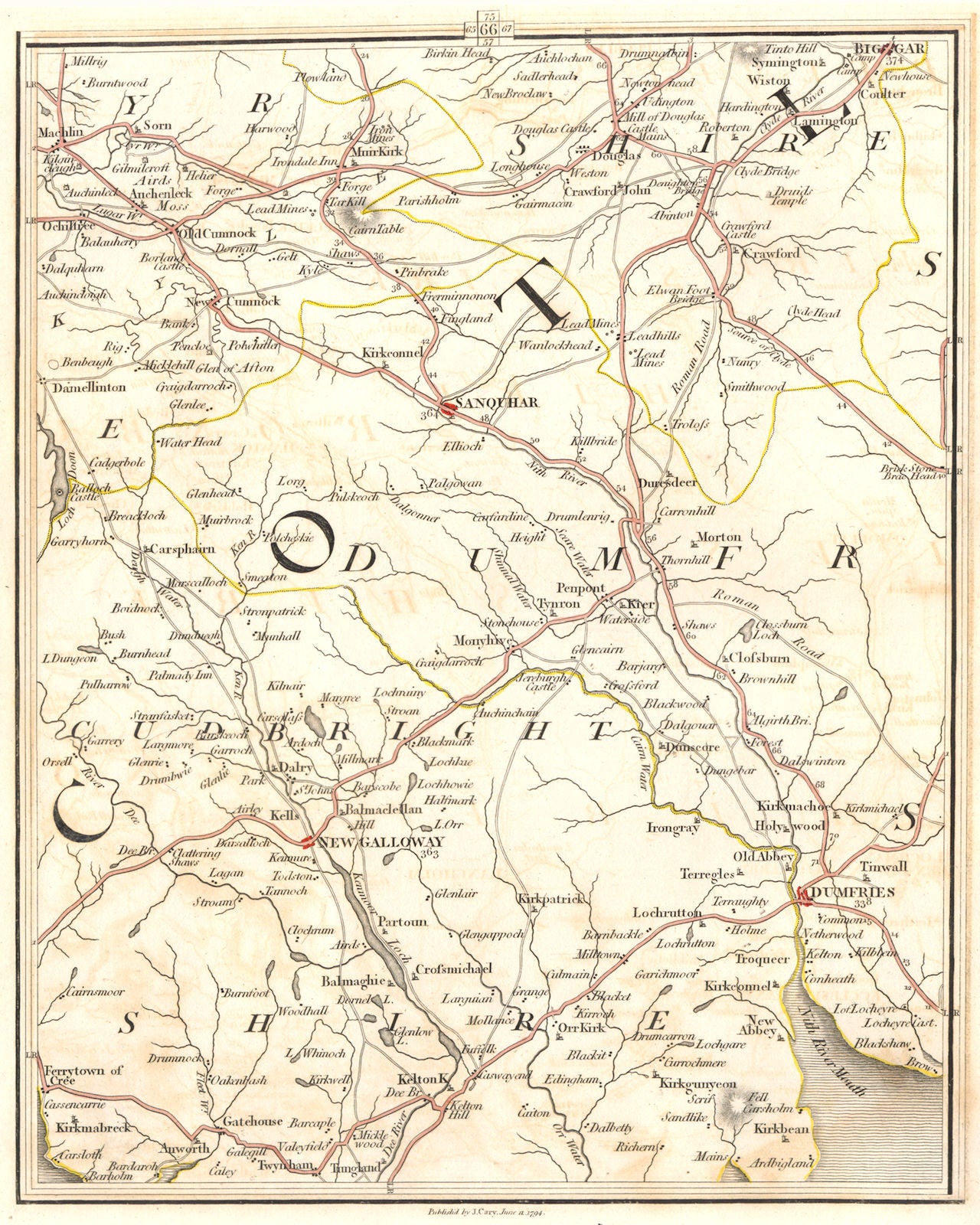 DUMFRIES/GALLOWAY.Kirkcudbrightshire Ayrshire Lanarkshire Sanquhar.CARY 1794 map